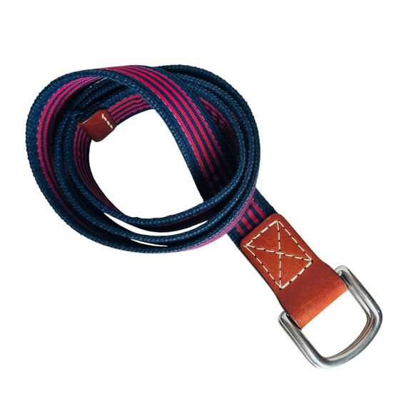 Navy Blue and Red Striped Belt Size L XL Brown Leather  Ends Unisex Men Women - Picture 3 of 6